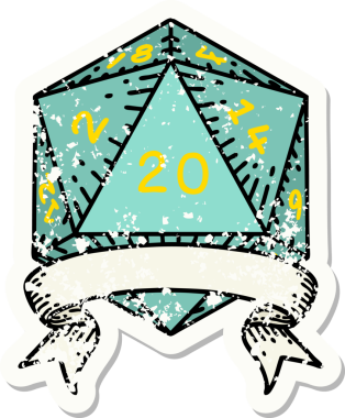 Bir insan tarafından çekilen 20 kritik vuruşluk D20 zar atımının grunge çıkartması.