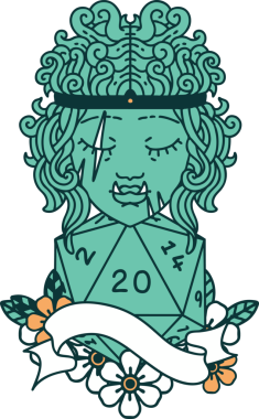 Retro Dövme Biçimi Yarı Ork Barbar Karakteri Bir insan tarafından çizilmiş 20 zar ile