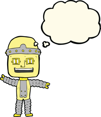 Bir insan tarafından çizilmiş düşünce baloncuklu çizgi film robotu.