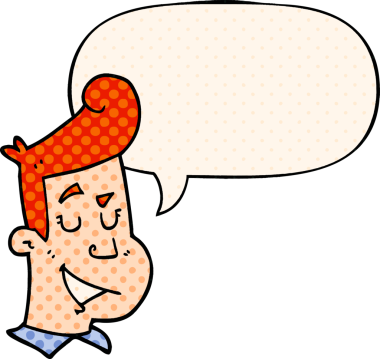 Bir insan tarafından çizilmiş çizgi roman tarzında konuşan mutlu bir adam.