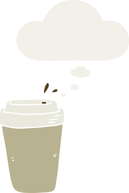 Düşünce baloncuklu çizgi film kahve fincanı insan tarafından çizilmiş.