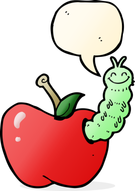 bir insan tarafından çizilmiş konuşma balonlu elma yiyen çizgi film böceği