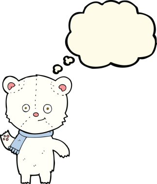 Karikatür kutup ayısı bir insan tarafından çizilmiş düşünce balonuyla el sallıyor.