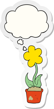 Düşünce baloncuğu olan şirin bir karikatür çiçeği bir insan tarafından çizilmiş çıkartma gibi.