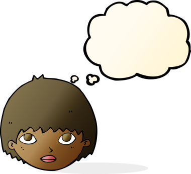 Bir insan tarafından çizilmiş düşünce balonuyla bakan çizgi film kızı.