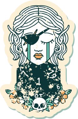 Retro Dövme Tarzı Ağlayan Elf düzenbaz karakter yüzü ve bir insan tarafından çizilmiş doğal bir D20 rulo