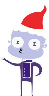 Bir insan tarafından çizilmiş Noel Baba şapkası giyen kel bir uzaylının el çizimi düz renk çizimi.