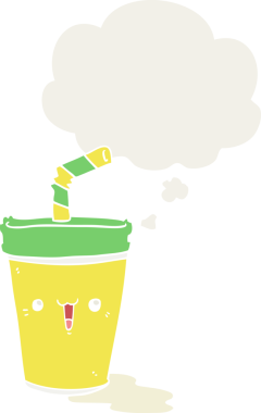 Düşünce baloncuklu tatlı karikatür gazozu insan tarafından çizilmiş.