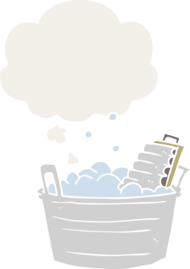 Eski bir karikatür, bir insan tarafından çizilmiş düşünce baloncuğu ve kova.