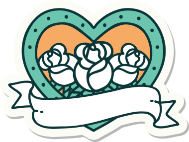 Geleneksel kalp stili dövme çıkartması ve bir insan tarafından çizilmiş çiçekli pankart.