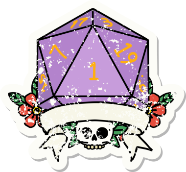 Bir insan tarafından çizilmiş doğal bir d20 zarının grunge çıkartması.