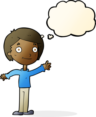 Bir insan tarafından çizilmiş düşünce balonu olan mutlu çocuk çizgi filmi.