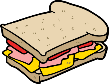 Bir insan tarafından çizilmiş jambonlu peynirli domatesli sandviç.