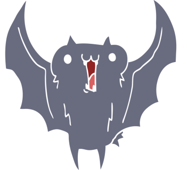 Düz renkli çizgi film. Bir insan tarafından çizilmiş mutlu vampir yarasa.