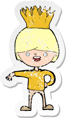 Bir insan tarafından çizilmiş taç giyen bir çizgi film karakterinin sıkıntılı retro çıkartması.