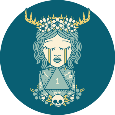 Retro Dövme Tarzı Ağlayan İnsan Druid Bir insan tarafından çizilmiş doğal bir D20 ruloyla