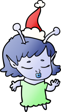 Sevimli uzaylı kız el çizimi Noel Baba şapkası giyen bir insan tarafından çizilmiş.