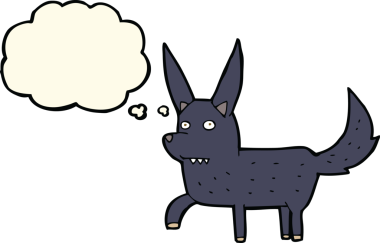 Bir insan tarafından çizilmiş düşünce baloncuğu olan vahşi bir köpek.