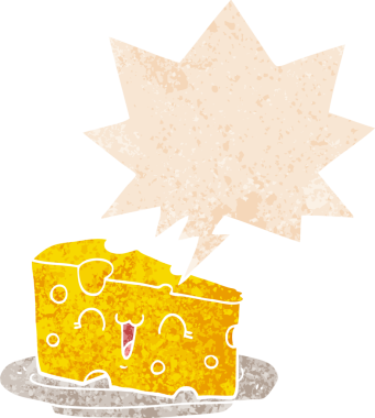 Bir insan tarafından çizilmiş grunge dertli retro tarzı konuşma baloncuklu şirin çizgi film peyniri.