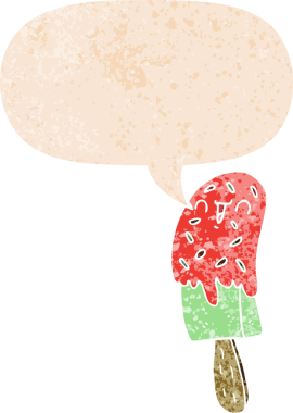 bir insan tarafından çizilmiş grunge sıkıntılı retro stil konuşma balonu ile çizgi film buz lolipopu