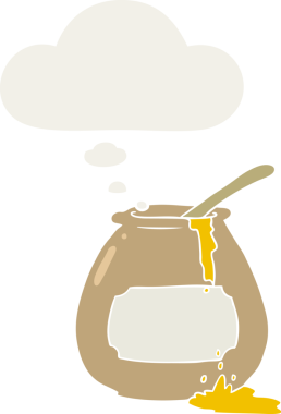 Düşünce baloncuğu olan çizgi film bal küpü insan tarafından çizilmiş.