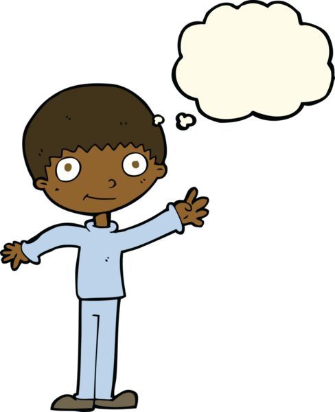 Bir insan tarafından çizilmiş düşünce baloncuğu olan mutlu, el sallayan çocuk.