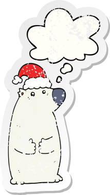 Düşünce baloncuklu Noel şapkası takan çizgi film ayısı insan tarafından çizilmiş yıpranmış bir çıkartma.