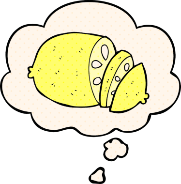 Karikatür dilimlenmiş limon ve bir insan tarafından çizilmiş çizgi roman tarzı düşünce balonu.