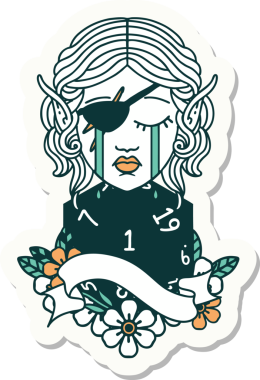 Ağlayan bir elf karakterinin çıkartması. İnsan tarafından çizilmiş doğal bir D20 yuvarlak yüzlü.