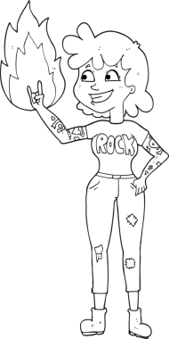 Bir insan tarafından çizilmiş siyah beyaz karikatür rock kızı.