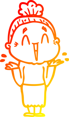 Bir insan tarafından çizilmiş mutlu, yaşlı bir kadının sıcak çizgi çizimi.