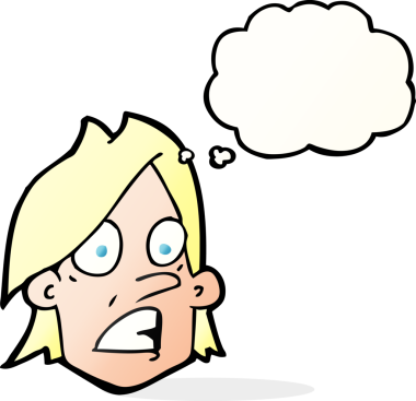 Bir insan tarafından çizilmiş düşünce baloncuklu karikatür korkmuş yüzü.