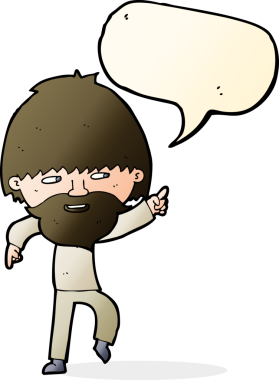 Çizgi film sakallı adam bir insan tarafından çizilmiş konuşma balonuyla işaret ediyor ve gülüyor.