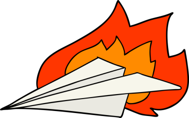 Bir insan tarafından çizilmiş karikatür yanan kağıt uçak.