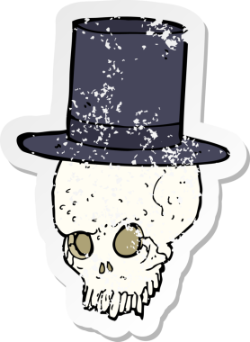 Bir insan tarafından çizilmiş silindir şapkalı bir karikatür kafatasının gerilemiş çıkartması.