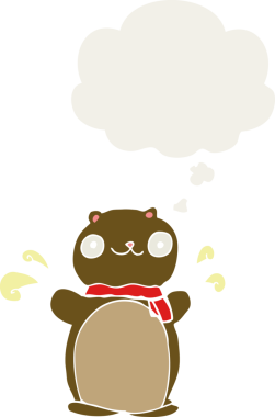 Bir insan tarafından çizilmiş, düşünce baloncuklu mutlu oyuncak ayı çizgi filmi.