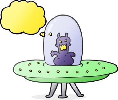 Serbest çizim düşünce baloncuğu çizgi film uzaylısı bir insan tarafından çizilmiş bir uçan daire.