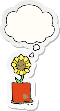 Düşünce baloncuğu olan şirin bir karikatür çiçeği bir insan tarafından çizilmiş çıkartma gibi.