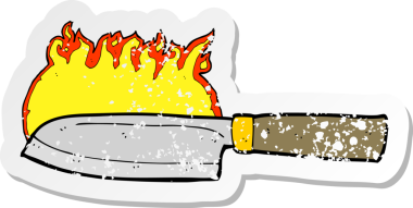 Bir insan tarafından çizilmiş yanan bir mutfak bıçağının gerilimli retro yapıştırması.