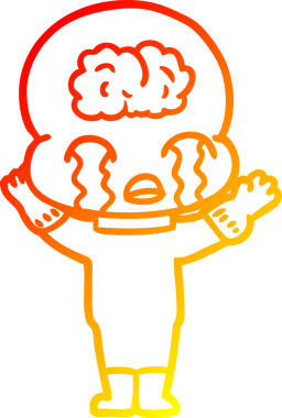 Bir çizgi filmin sıcak çizgi çizimi. Bir insan tarafından çizilmiş ağlayan büyük beyin uzaylısı.