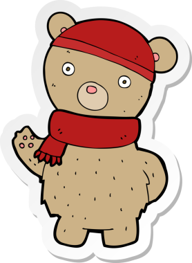 Bir insan tarafından çizilmiş kış şapkalı ve atkılı oyuncak ayının çıkartması.