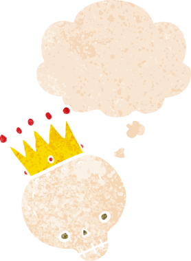 Düşünce baloncuğu ve grunge ile taçlandırılmış karikatür kafatası bir insan tarafından çizilmiş rahatsız edilmiş retro tarzı