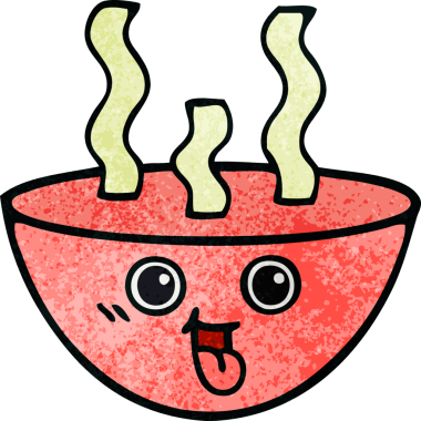 Bir insan tarafından çizilmiş sıcak çorba kasesinin retro grunge desenli karikatürü.