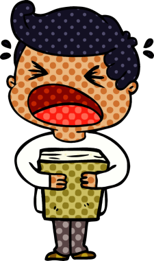 Bir insan tarafından çizilmiş kitabı olan bağıran bir karikatür.