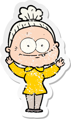 Bir insan tarafından çizilmiş mutlu, yaşlı bir kadının sıkıntılı çıkartması.