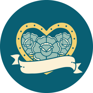 İkonik dövme stili bir kalp ve bir insan tarafından çizilmiş çiçekli pankart.