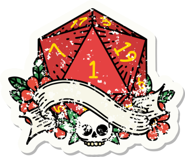 Bir insan tarafından çizilmiş doğal bir d20 zarının grunge çıkartması.