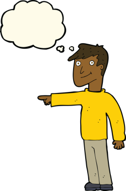 Bir insan tarafından çizilen düşünce baloncuğuyla işaret eden çizgi film adamı.