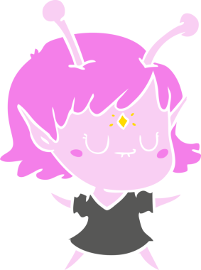 Bir insan tarafından çizilmiş düz renkli uzaylı kız çizgi filmi.