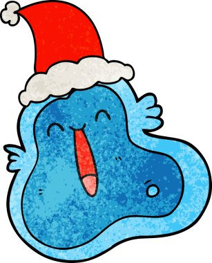 Bir insan tarafından çizilmiş Noel Baba şapkası takan bir bakterinin el yapımı çizgi filmi.